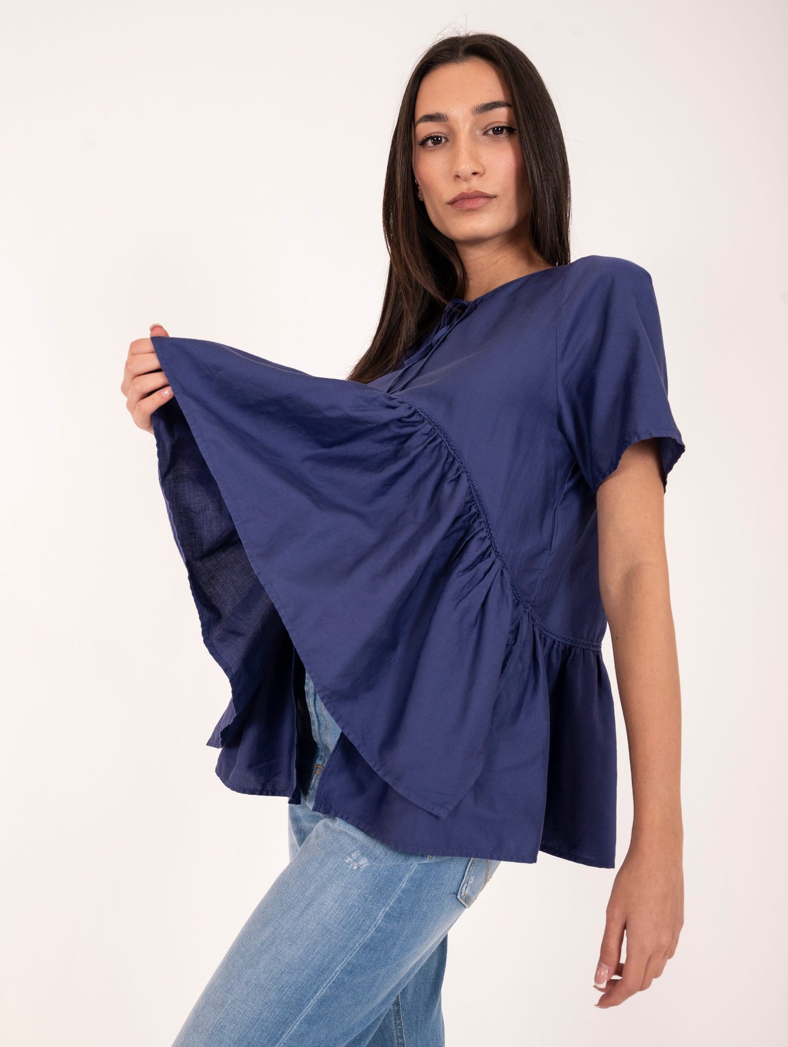 T shirt Alessia Santi con Balza in Cotone Blu Royal