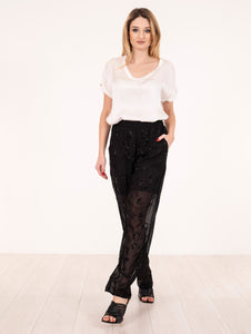 Pantalone Brand Unique in Organza Ricamata Nero