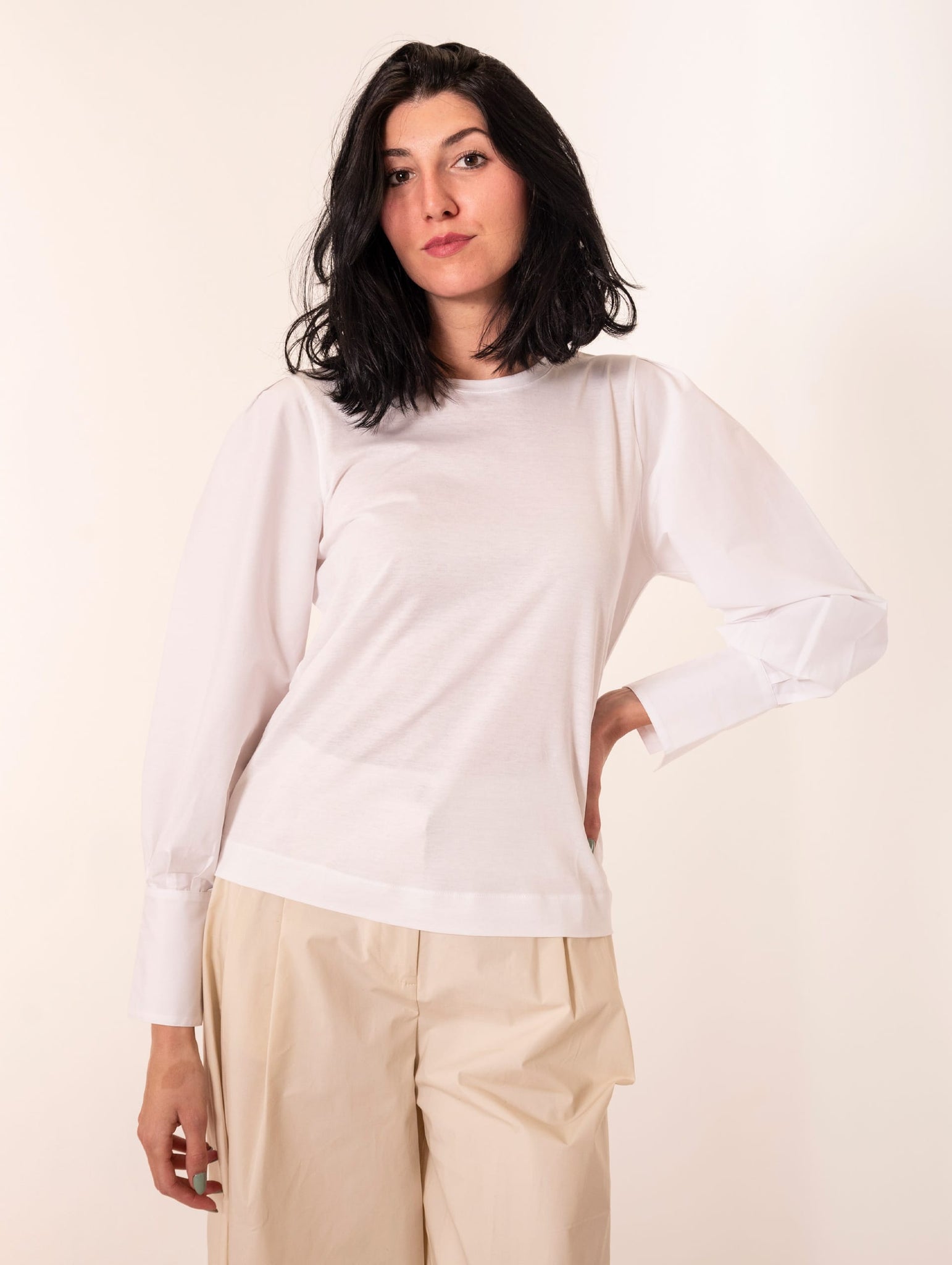 T-shirt Purotatto con Maniche Camicia in Cotone Bianca