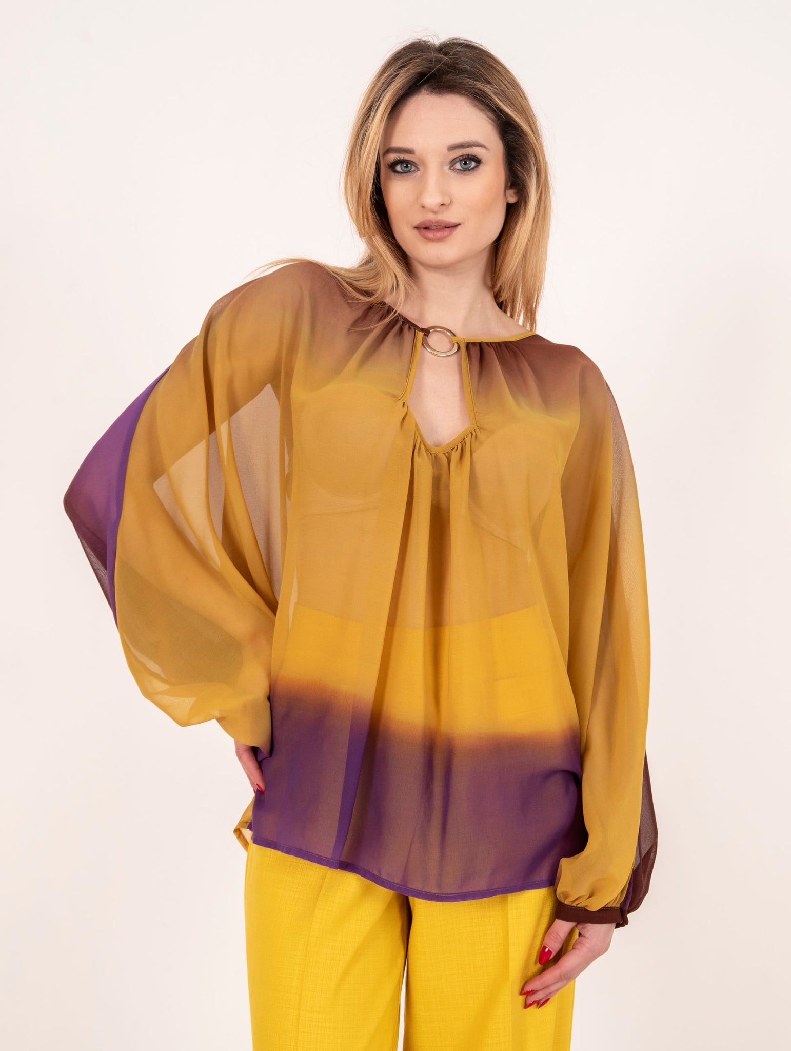 Blusa Simona Corsellini in Georgette Sfumata Viola e Senape