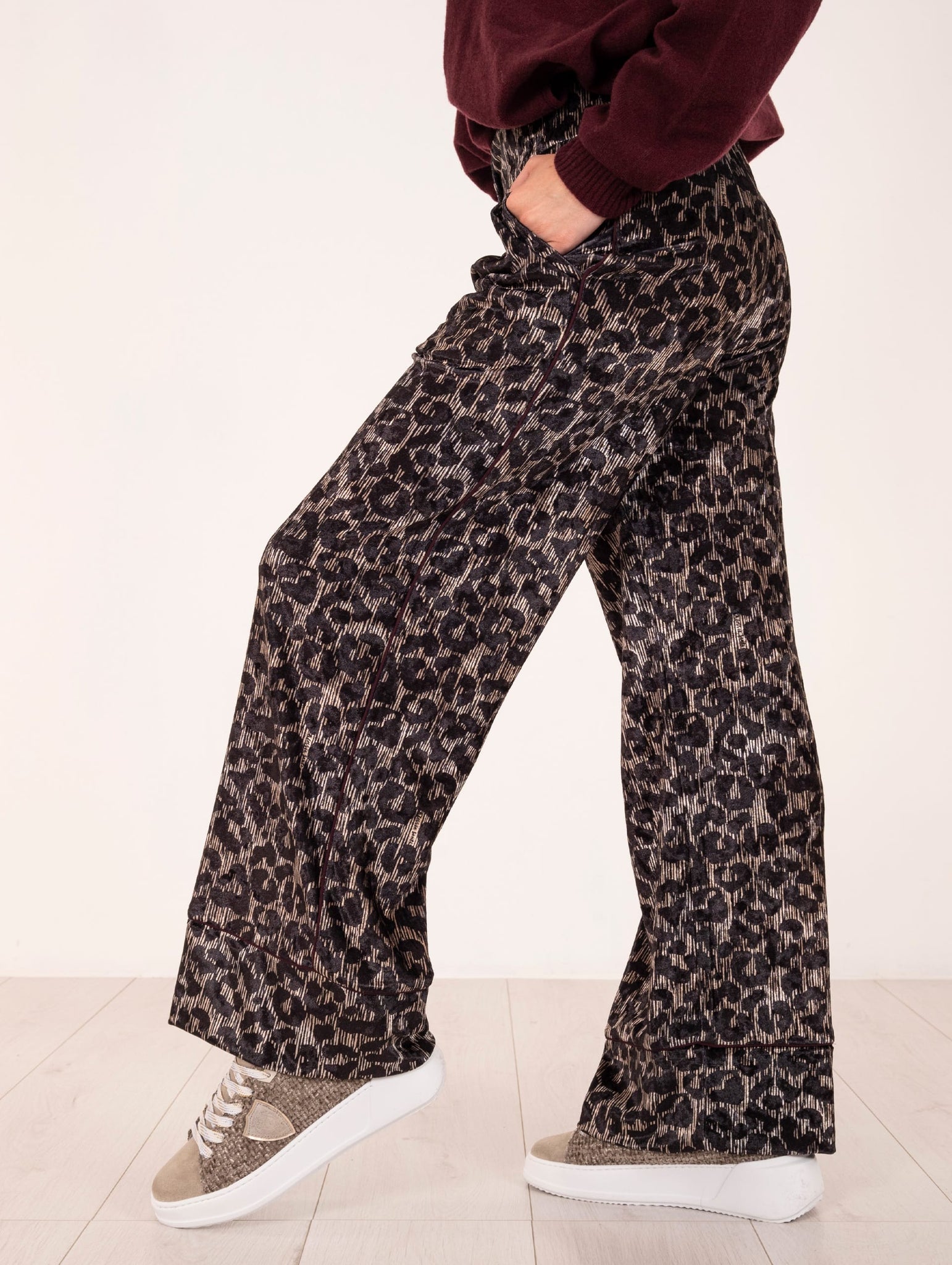 Pantalone Alessia Santi in Velluto Maculato Nero e Beige