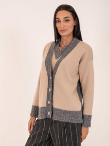 Cardigan Bicolor Alpha Studio in Lana e Alpaca Beige e Grigio