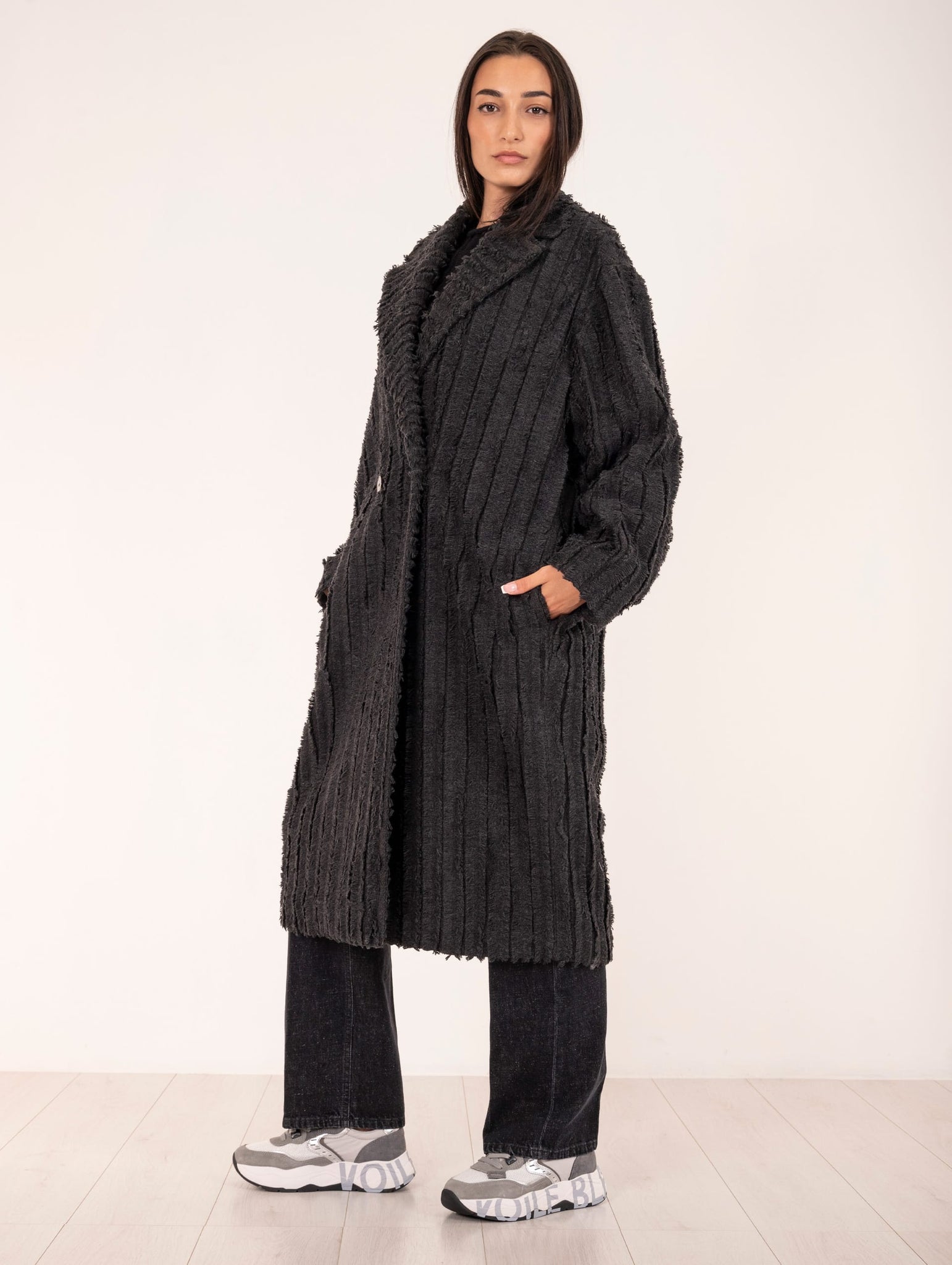 Cappotto Fringed Alysi in Lana Antracite