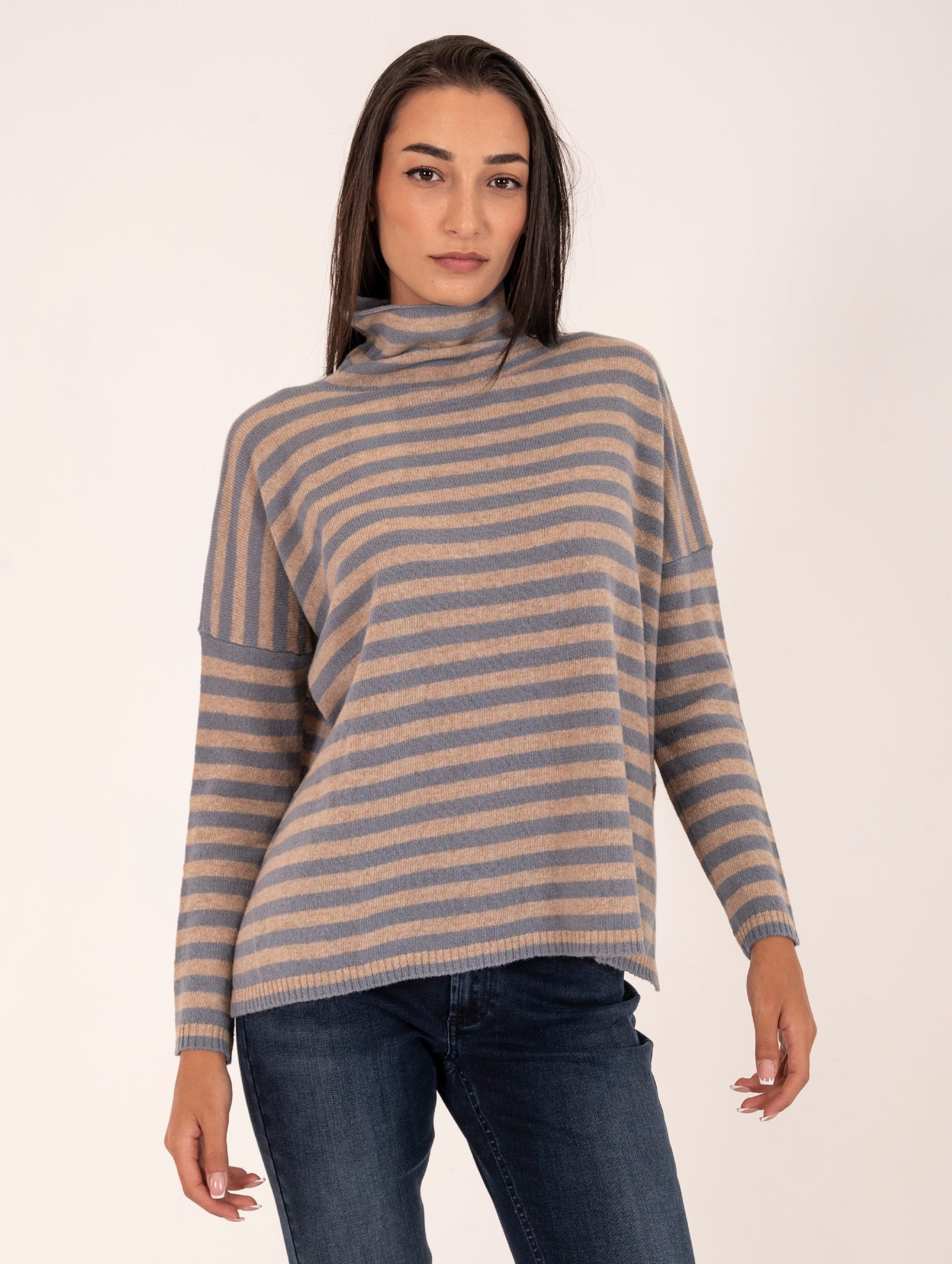 Maglia Righe Base in Lana Merino Extrafine Grigia e Beige