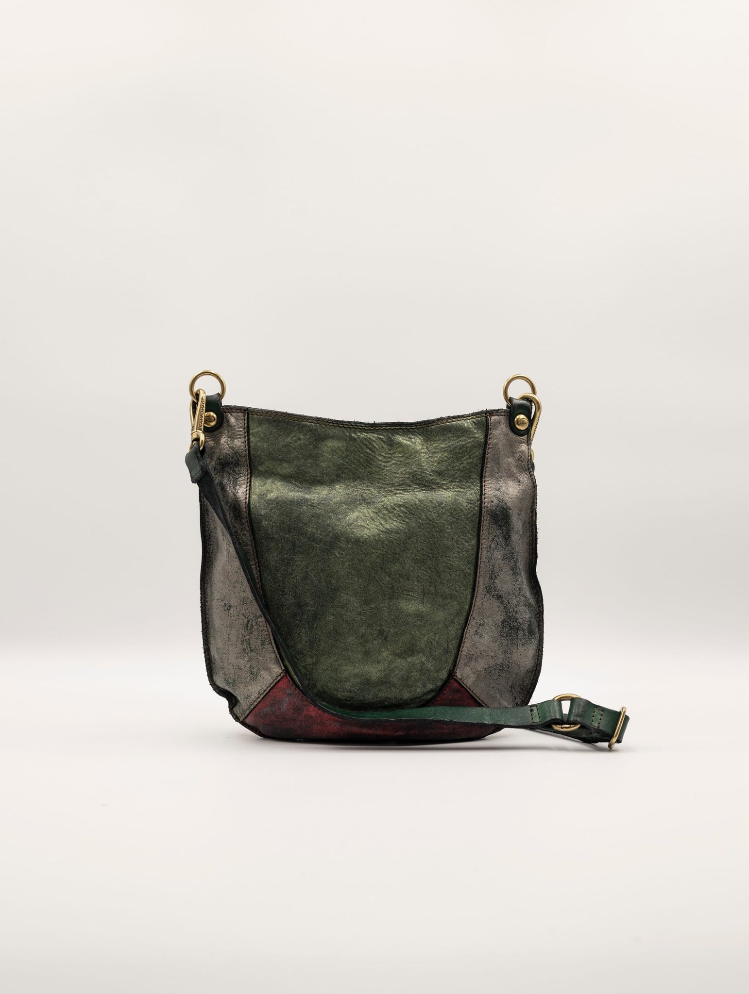 Borsa a Tracolla Campomaggi in Pelle Laminata Piombo Verde Militare e Rosso