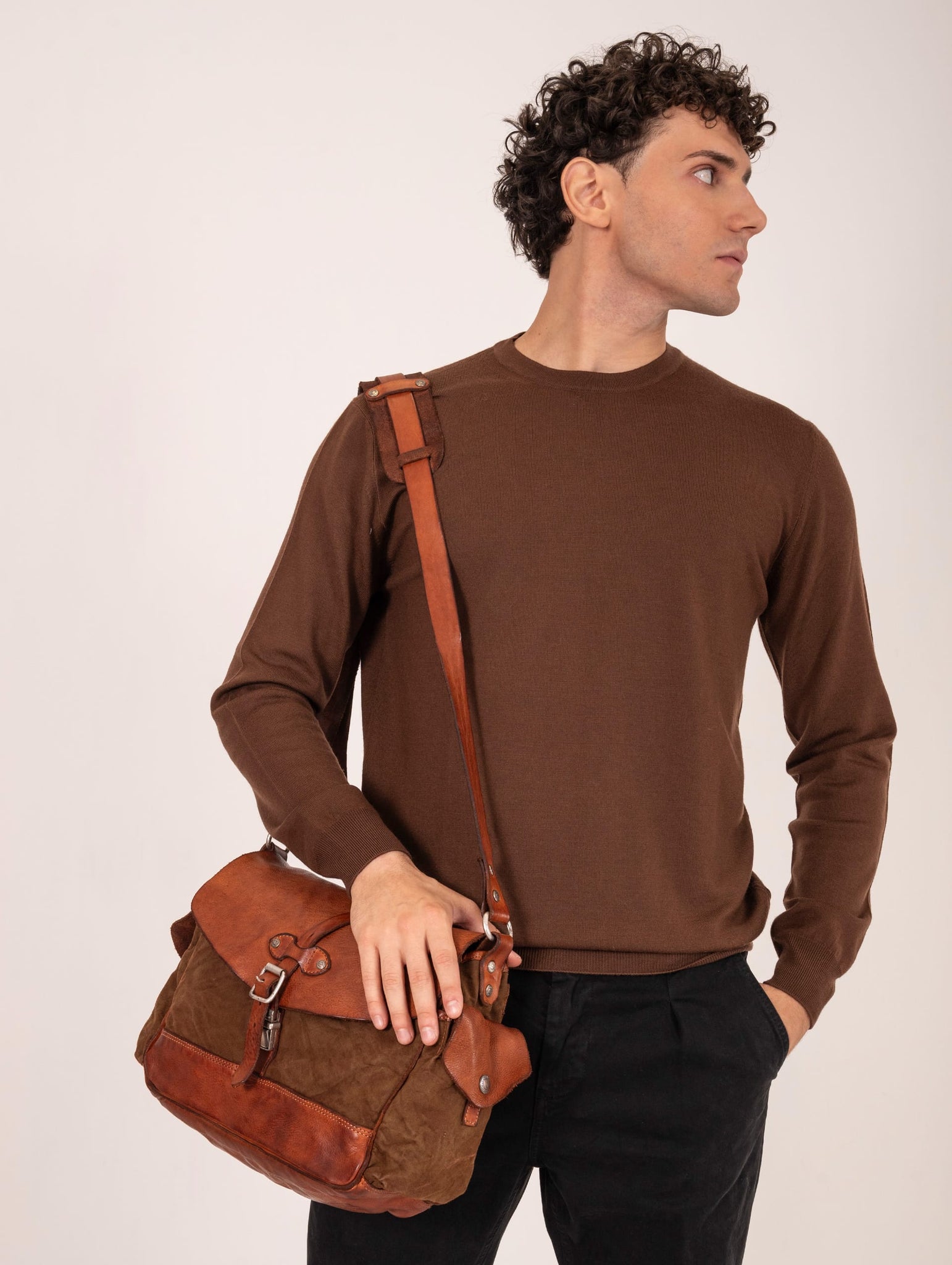 Borsa Campomaggi Saturno in Canvas e Pelle Cognac e Oliva