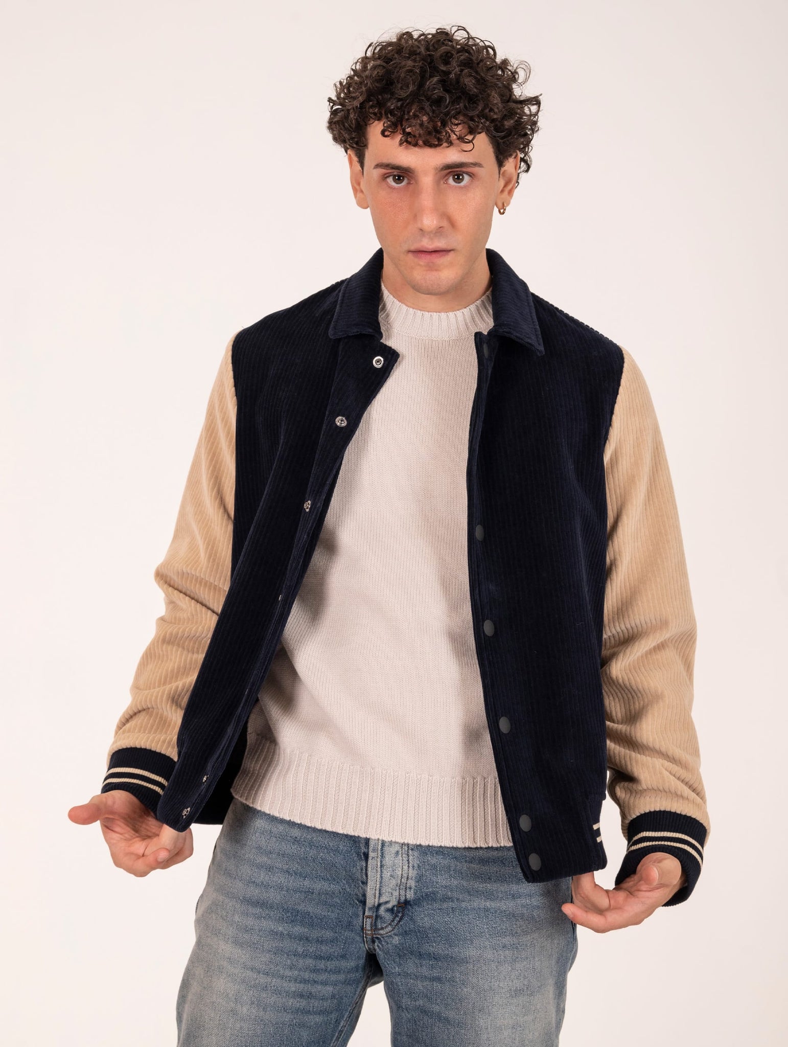 Bomber Varsity Circolo 1901 in Velluto a Coste Bicolor Navy e Beige