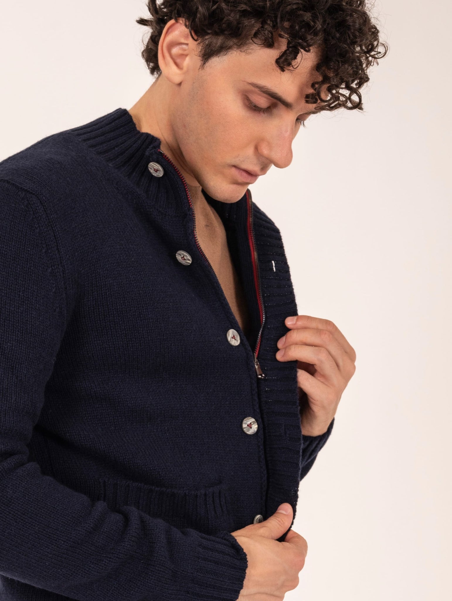 Cardigan con Zip H953 In Lana Merinos Extrafine Navy