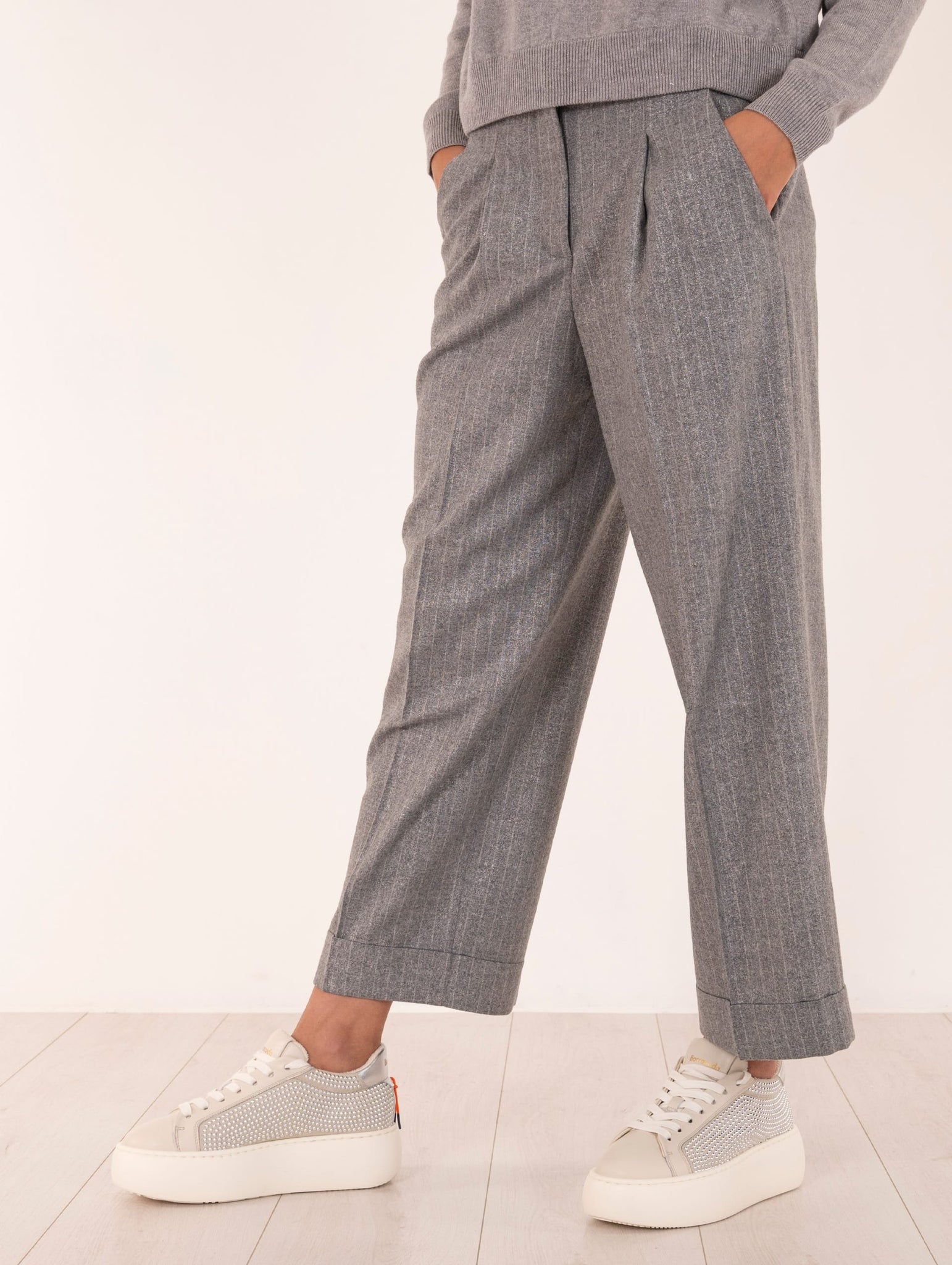 Pantalone Peserico in Lana e Viscosa Gessato Grigio Lurex