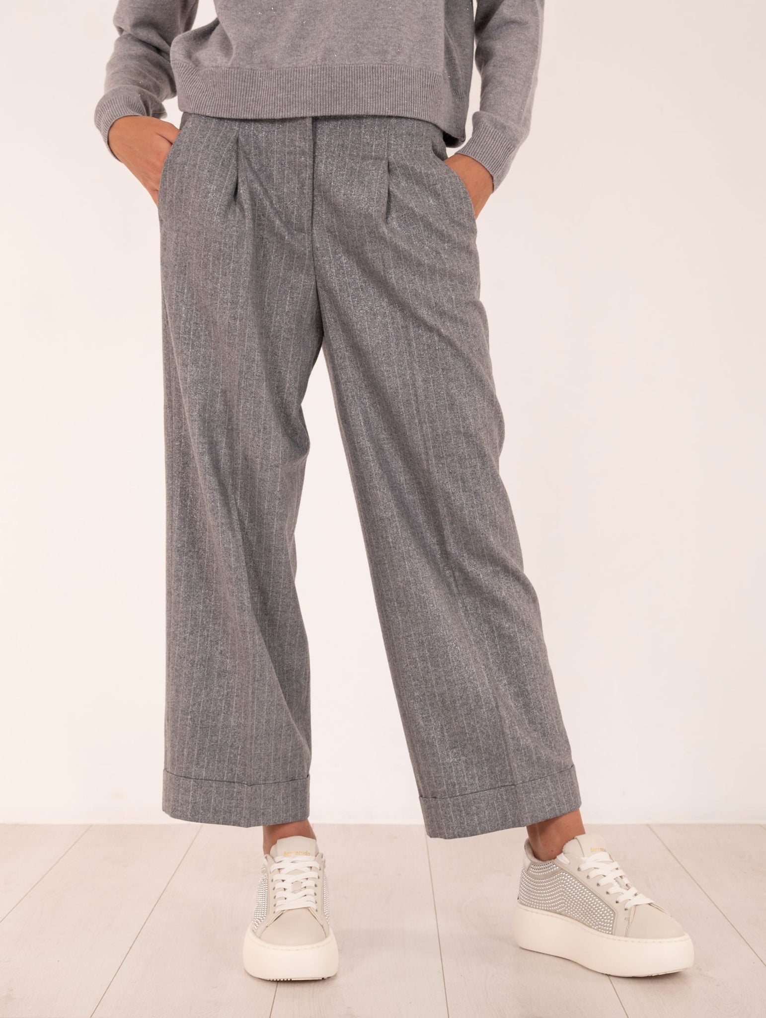 Pantalone Peserico in Lana e Viscosa Gessato Grigio Lurex