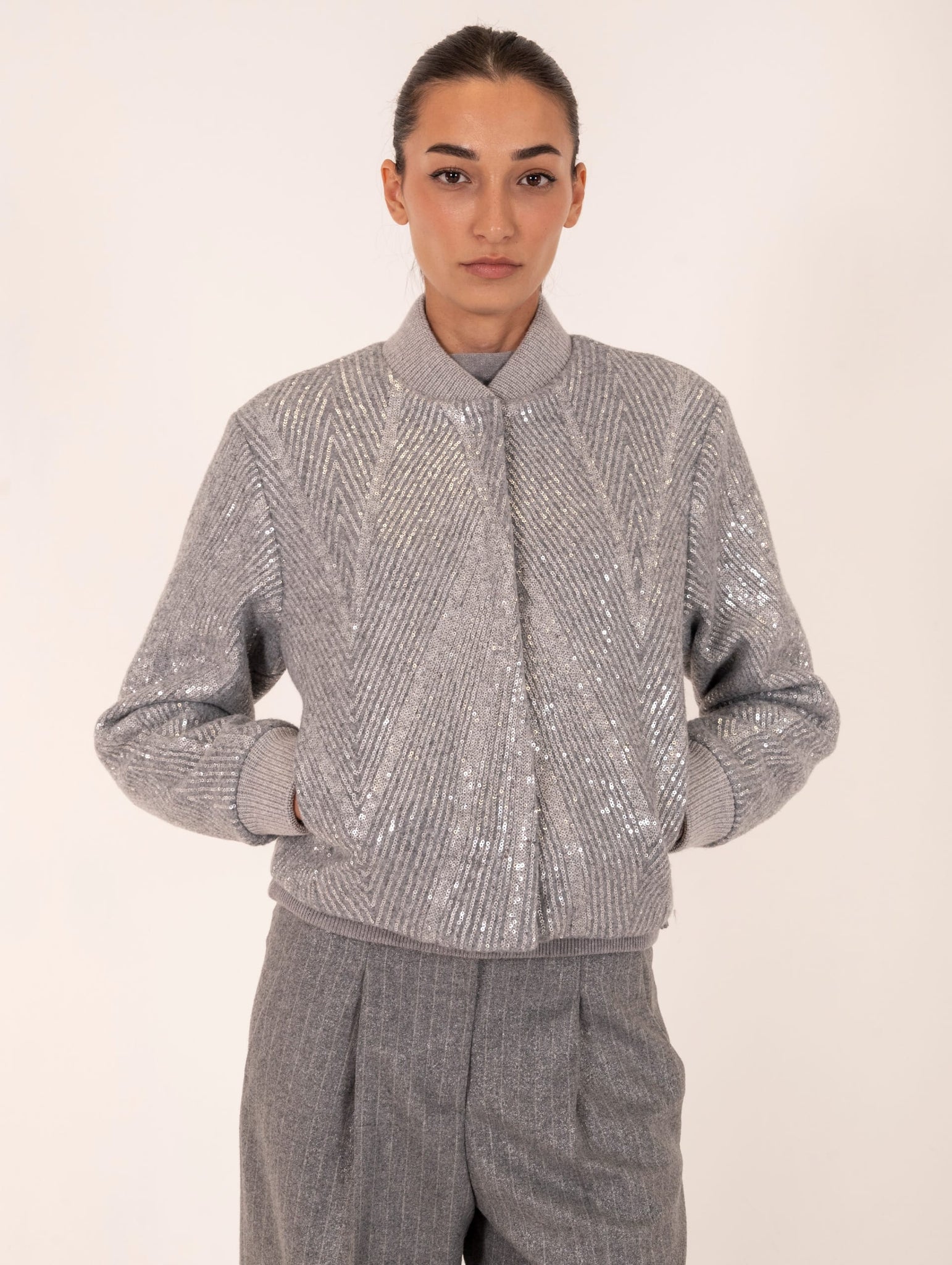 Bomber Peserico in Panno Garzato con Ricamo Paillettes Grigio