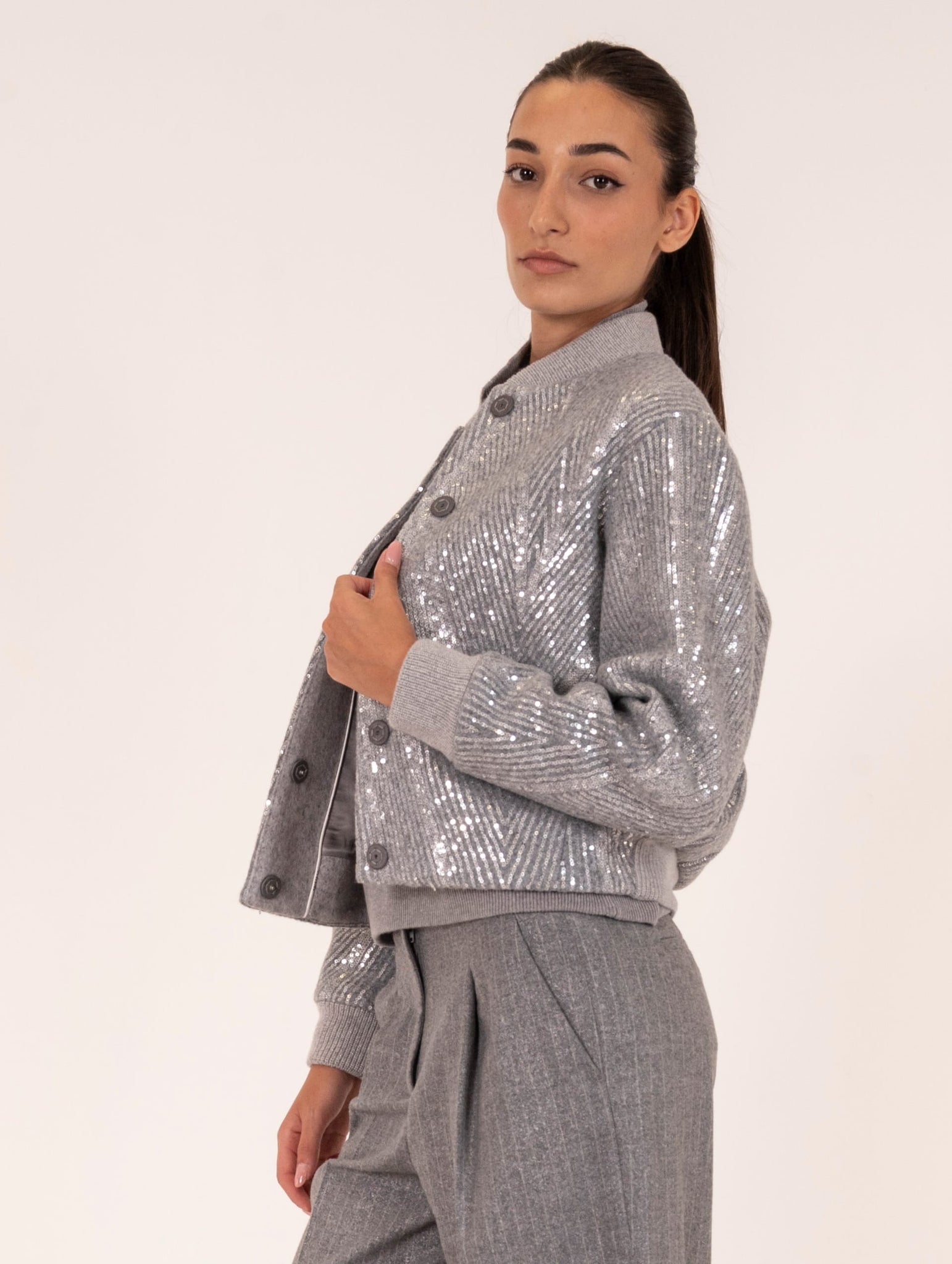 Bomber Peserico in Panno Garzato con Ricamo Paillettes Grigio