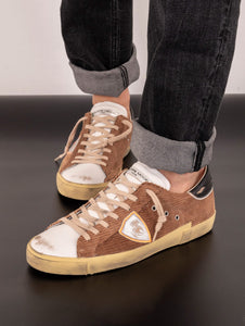 Sneakers Philippe Model Prsx Low Man In Pelle e Tessuto Cognac, Bianco e Nero