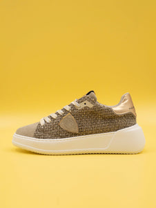 Sneakers Philippe Model Tres Temple in Pelle e Tessuto Taupe