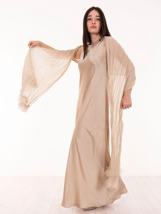 Stola Antonelli in Pura Seta Goffrata con Piume Beige
