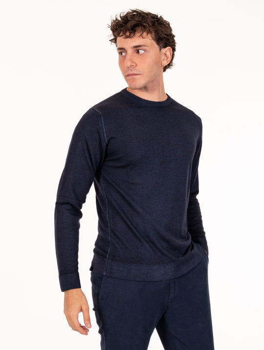 Crew Neck Sweater Four Stroke in Extrafine Merinos Wool Night