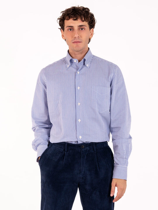Camicia Regular Orian Botton Downs in Cotone a Rughe Bianca e Blu