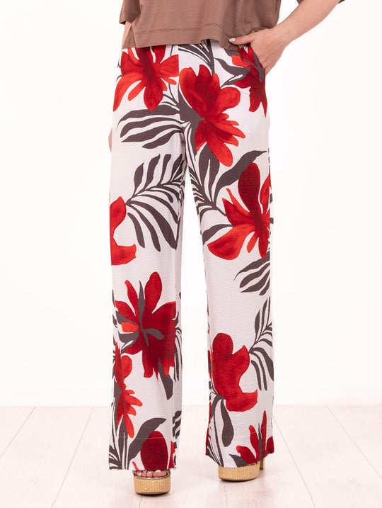 Pantalone Daniele Fiesoli in Viscosa Flower Bianco, Fango e Rosso