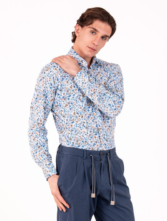 Tecno Camicia Orian Antibatterica Fantasia Fiori Bianco, Azzurro Beige