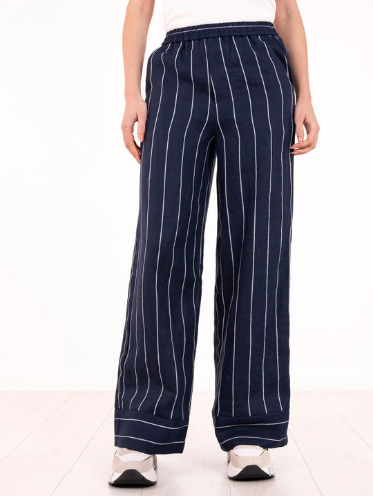 Hose Traffic People aus reinem Leinen mit Nadelstreifen in Blau und Creme