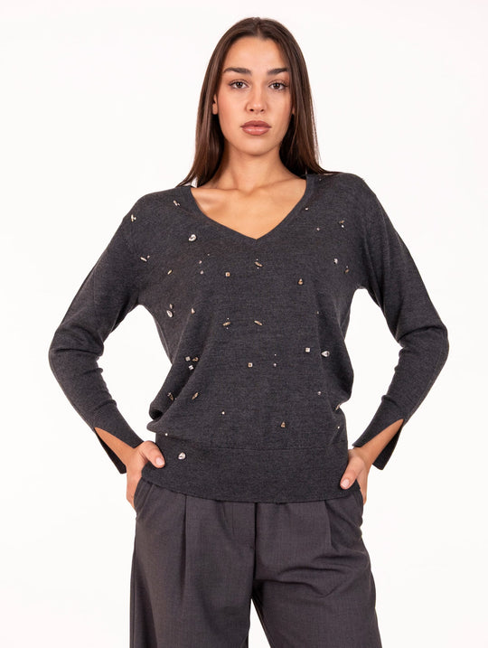 Maglia Borchie Strass Alpha Studio in Lana Antracite