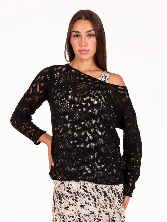 Maglia Punto Pizzo Alpha Studio in Lana e Alpaca Nero