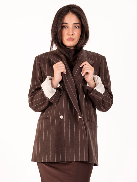 Blazer Doppiopetto Alysi in Pura Lana Vergine Gessata Cacao
