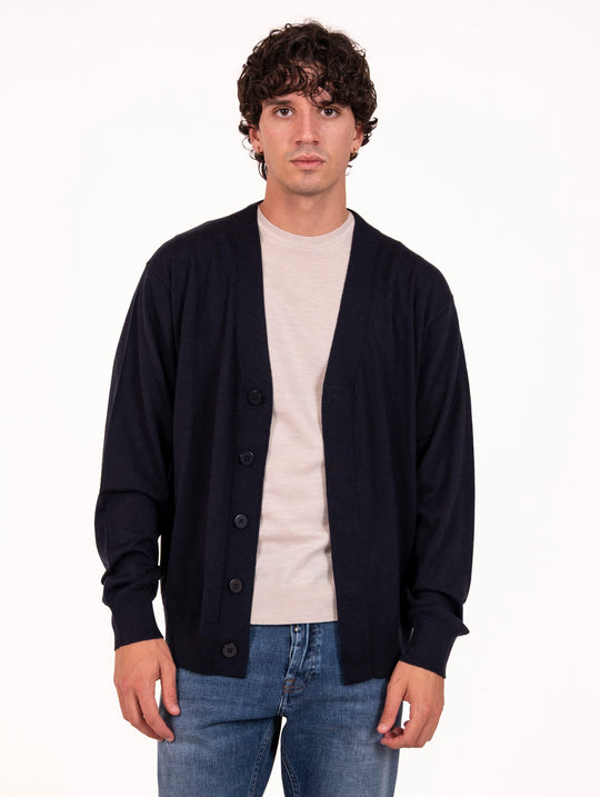 Cardigan Devore In Lana, Seta e Cashmere Navy