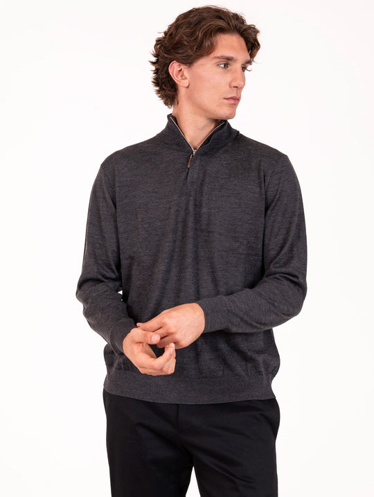 Lupetto con Zip Devore in Lana, Seta e Cashmere Grigio
