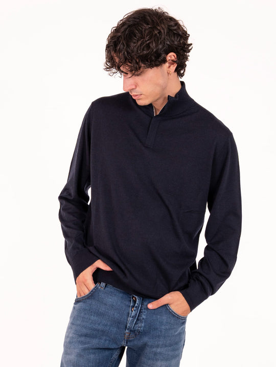 Lupetto con Zip Devore in Lana, Seta e Cashmere Navy