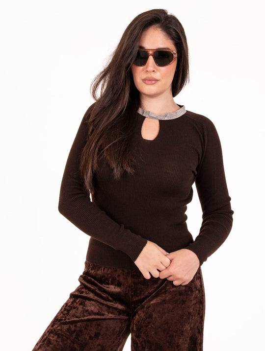 Maglia Coste D.Exterior con Monile in Lana Cioccolato