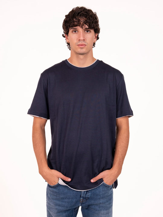 T-Shirt Eleventy Milano Platinum in Cotone Giza Blu e Grigio