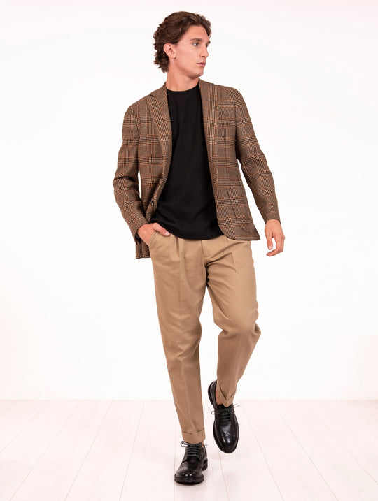 Giacca Sartoriale Four Stroke in Lana Vergine e Cashmere Check Beige e Moro