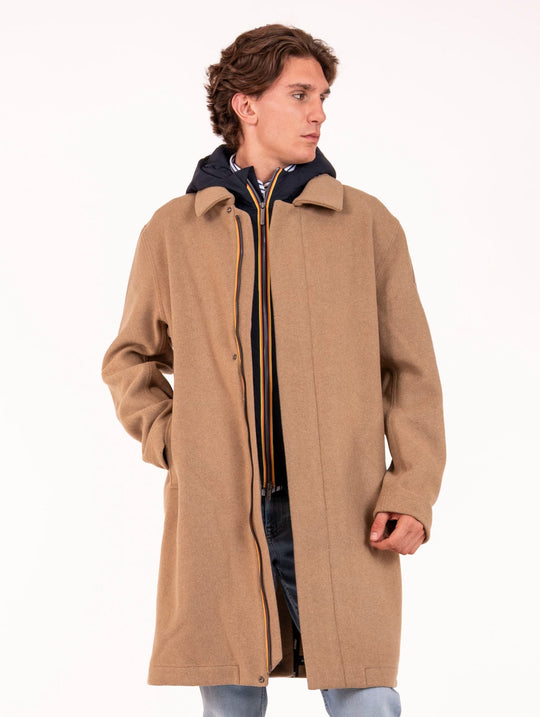 Cappotto Poirol K-Way in Misto Lana e Nylon Cammello e Blu