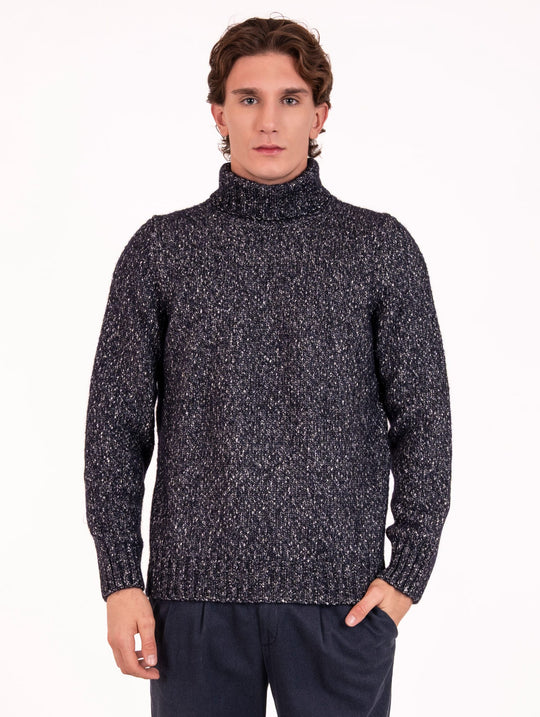Maglia Collo Alto Luigi Gentile in Cotone e Alpaca Blu Melange