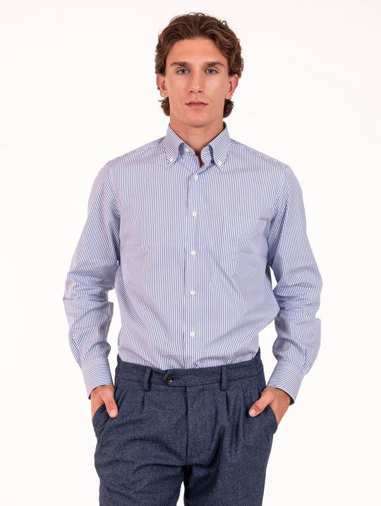 Camicia Regular Orian Botton Downs in Cotone a Righe Bianca e Azzurra