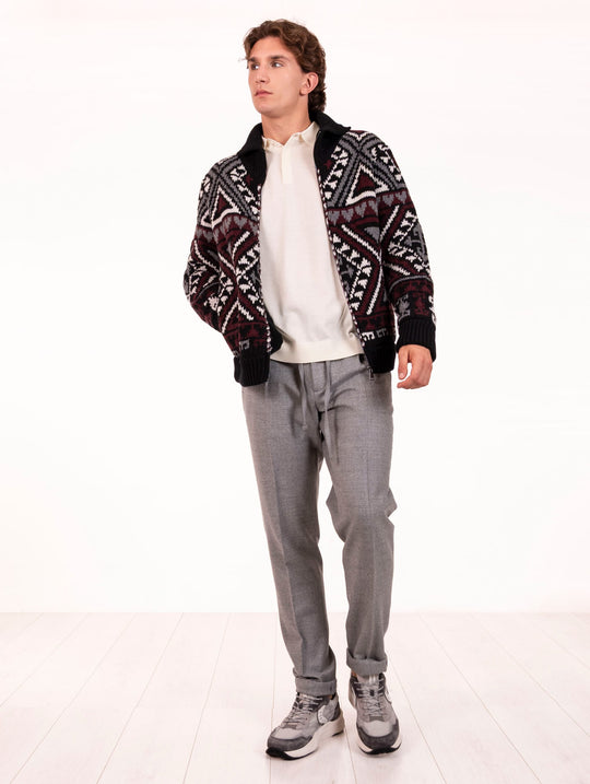 Giubbino Roberto Collina in Lana e Cashmere Jacquard Nero e Bordeaux