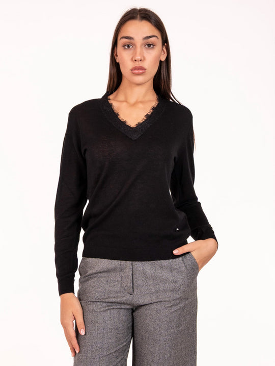 Maglia V Pizzo White Wise in Lana Merino Nera