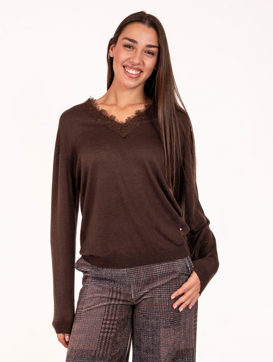 Maglia V Pizzo White Wise in Lana Merino Moro