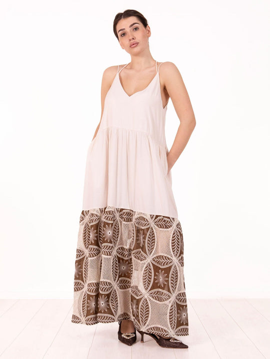 Abito Balze Traffic People in Viscosa e Cotone Crochet Panna e Marrone