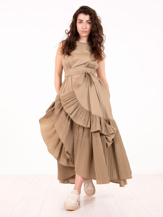 Meimeij Taupe Cotton Pleated Ruffle Dress