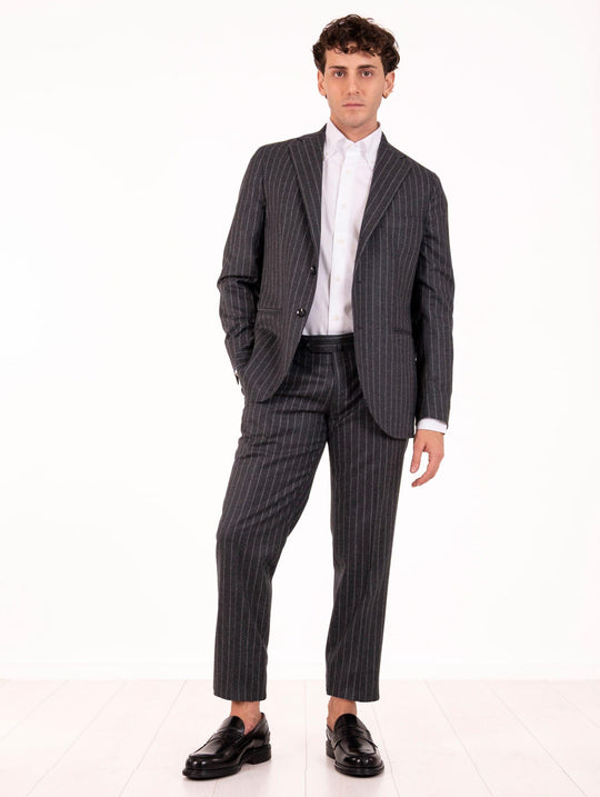 Abito Sartoriale Four Stroke in Lana Vergine 130's Gessato Grigio e Panna