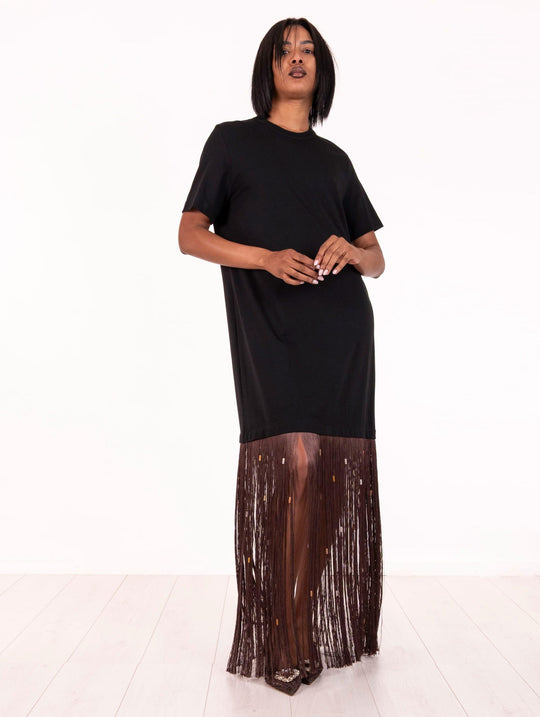 Abito T Alysi con Frange in Puro Cotone Nero