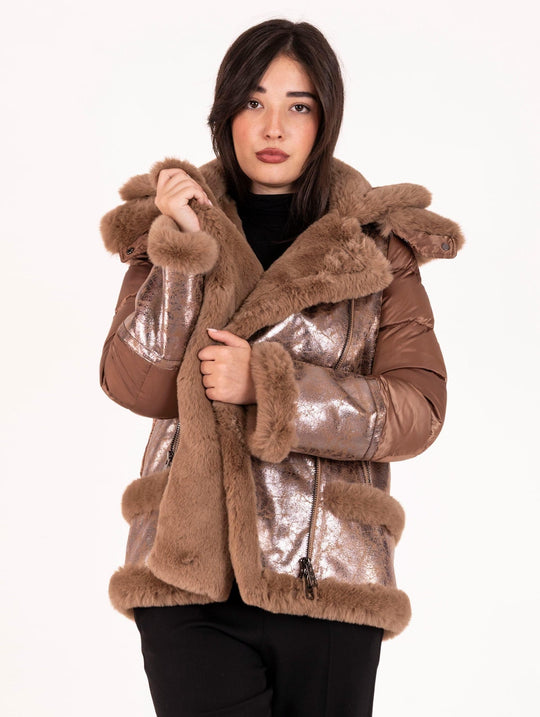 Biker Violanti in Eco Montone Laminato con Dettagli in Piuma Bronzo