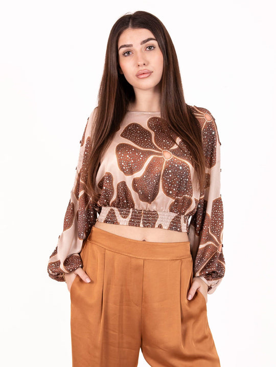 Blusa Flowers Traffic People in Viscosa Caramello e Sabbia