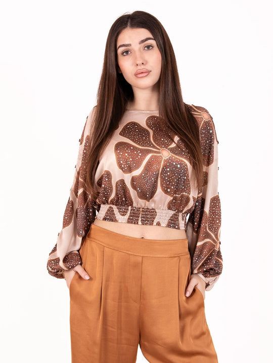 Blusa Flowers Traffic People in Viscosa Caramello e Sabbia