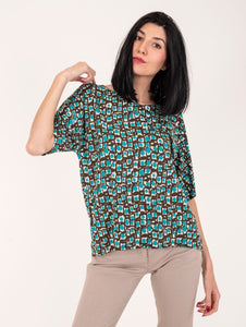 Blusa Via Masini 80 in Viscosa Kaki e Turchese