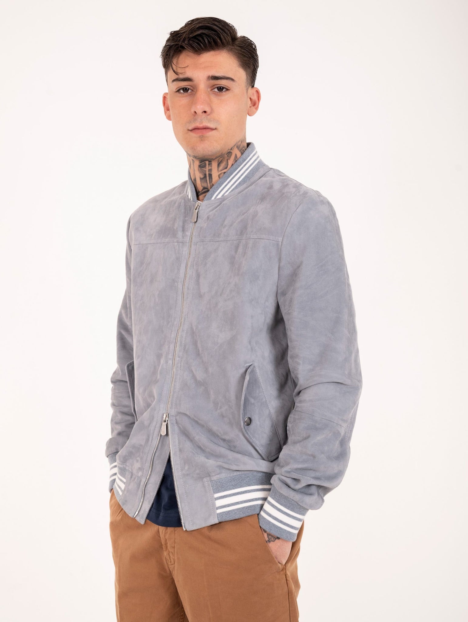 Bomber Bimaterico Eleventy Milano Platinum in Suede Denim