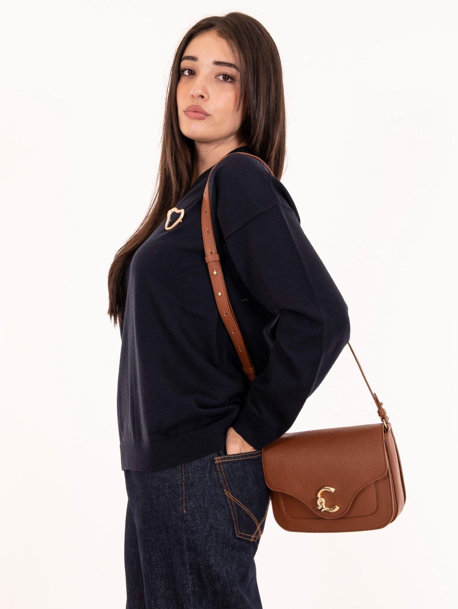 Borsa C-Me Small Coccinelle in Pelle Martellata Cognac