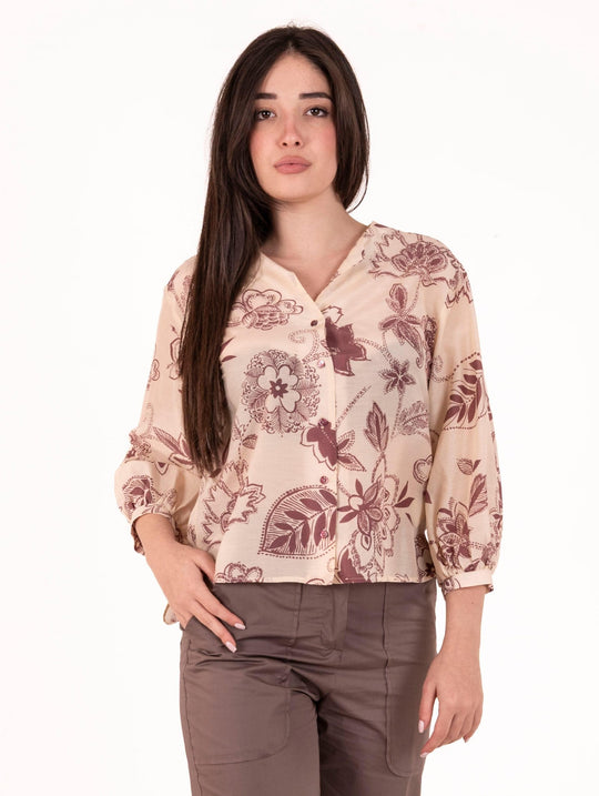 Camicia Alessia Santi in Cotone e Seta Ecrù e Prugna